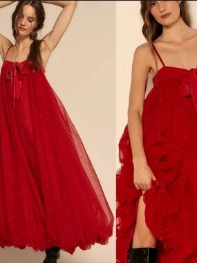 NWT Free People Show Stopper Red Maxi With Red Pearl Overlay. ($450) Sz Lg